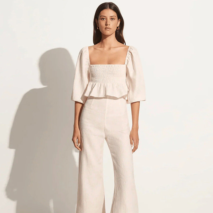 LINEN PUFF SLEEVE TOP  & PANT SET