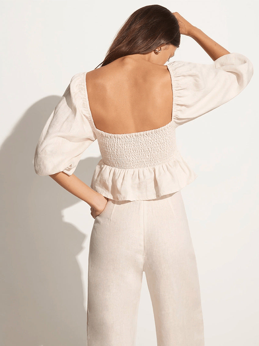 LINEN PUFF SLEEVE TOP  & PANT SET