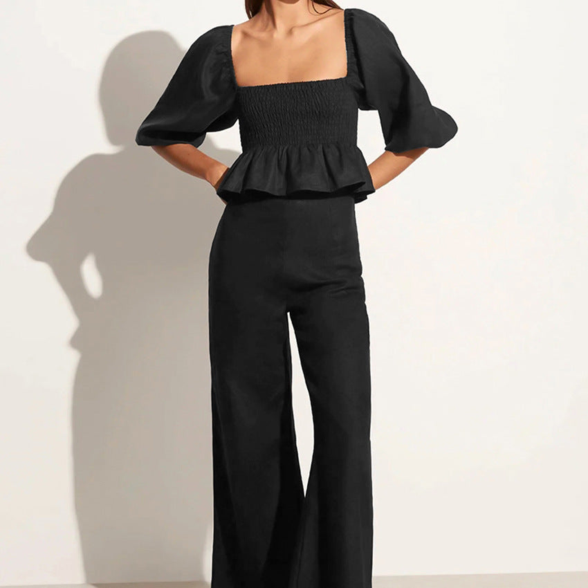 LINEN PUFF SLEEVE TOP  & PANT SET