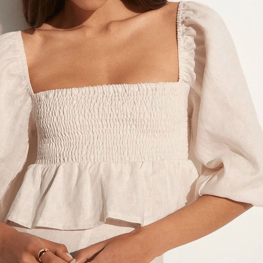 LINEN PUFF SLEEVE TOP  & PANT SET