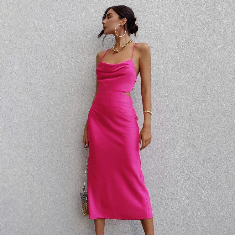 SATIN PINK BACKLESS DRESS - PRIBO