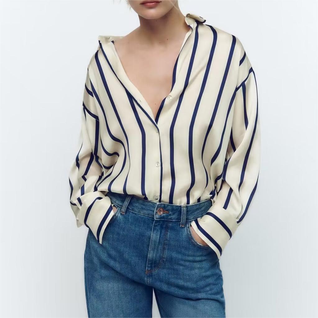 STRIPE LOOSE SILK BLOUSE - PRIBO
