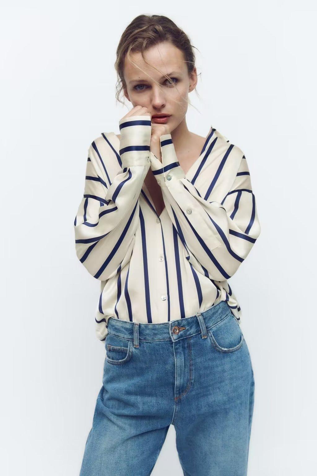 STRIPE LOOSE SILK BLOUSE - PRIBO