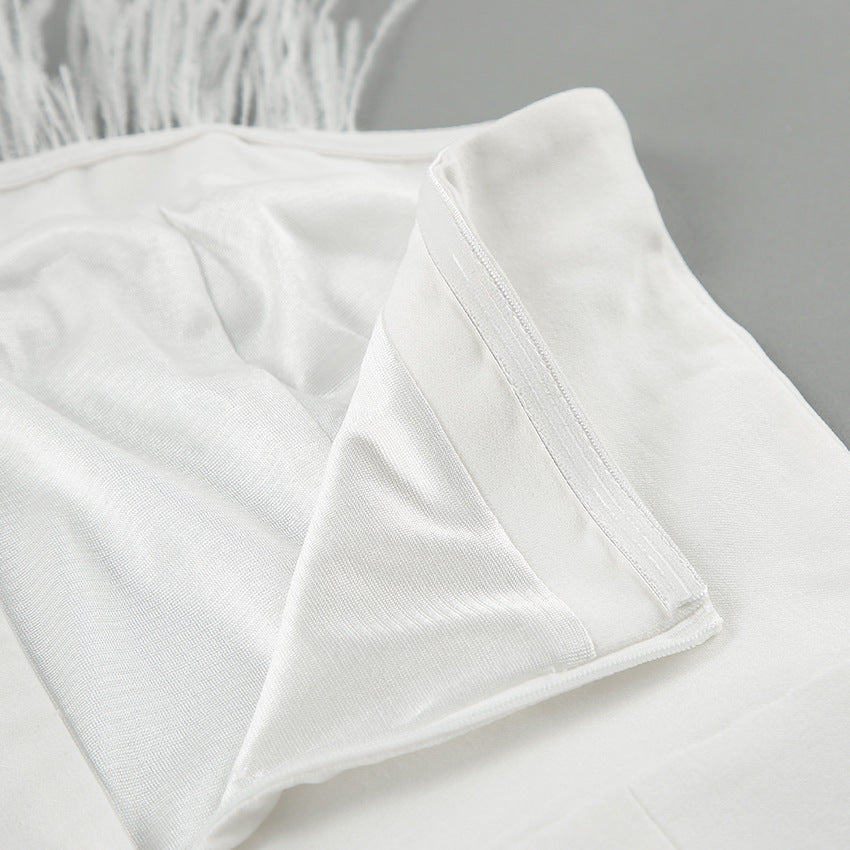WHITE FAUX FEATHER MIDI DRESS